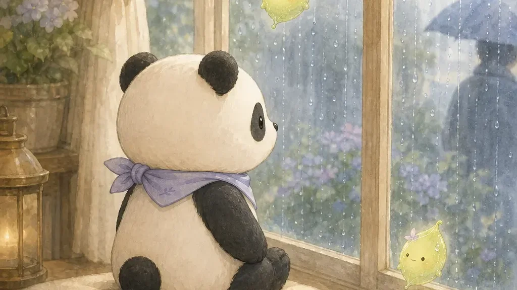 帕嚕可坐在窗邊看著雨後的窗外，旁邊飄著一片帶著淡紫小芽的葉子